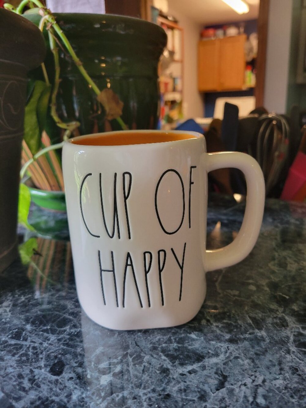 Rae Dunn CUP OF HAPPY Mug White/Orange Ceramic Coffee or Tea Cup 16oz NEW
